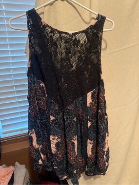 Free People Black Lace Paneled Paisley Tank with Pink and Teal Accents